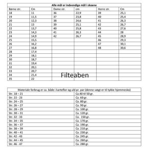 Tabel for m�l p� fod samt forbrug af uld